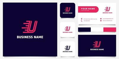 Simple and Minimalist Bright Pink Letter U Speed Logo in Dark Background Logo with Business Card Template vector