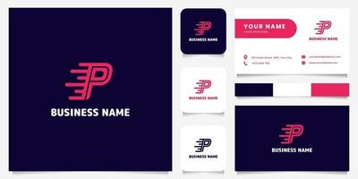 Simple and Minimalist Bright Pink Letter P Speed Logo in Dark Background Logo with Business Card Template vector