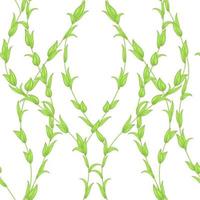 Vector seamless pattern of stems and leaves of green color isolated on a white background.