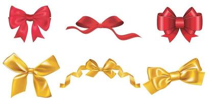 Big set of red and dold gift bows with ribbons. Vector illustration