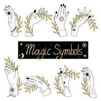 Set of alchemy esoteric mystical magic celestial talisman with woman hands vector