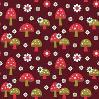 mushrooms and daisy retro seamless pattern on dark red background vector