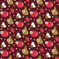 apple pear strawberry daisy retro seamless pattern on dark red background vector