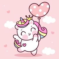 lindo unicornio vector princesa pegaso sosteniendo corazón globo pastel cielo con dulce nube pony dibujos animados kawaii animales fondo regalo del día de san valentín