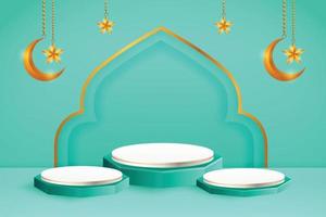 3d product display blue and white podium themed islamic with crescent moon and star for ramadan vector