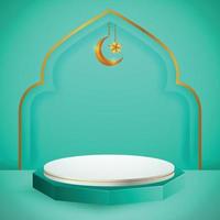 3d product display blue and white podium themed islamic with crescent moon and star for ramadan vector