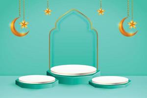 3d product display blue and white podium themed islamic with crescent moon and star for ramadan vector