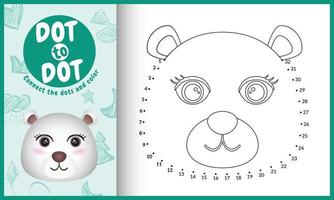 Connect the dots kids game and coloring page with a cute face polar bear character illustration vector