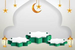 3d product display green and white podium themed islamic with crescent moon, lantern and star for ramadan vector