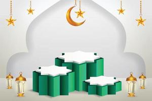 3d product display green and white podium themed islamic with crescent moon, lantern and star for ramadan vector