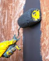 Hand painting home wall with gray acrylic paint with a roller in yellow work gloves photo