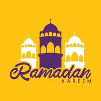 Ramadan Kareem celebration greeting text with mosque and moon. vector