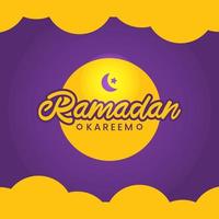 Ramadan Kareem celebration greeting text with mosque and moon. vector