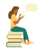 Woman Sit On a Pile of Big Books to Read a Book and Have a Good Idea. vector