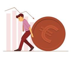 Worker Man Pushes a Big Coin of Euro Currency and Bar Charts on Background. vector