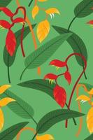 Seamless Pattern Wallpaper of Heliconia Flowers and Leaves for Tropical Plant Background. vector