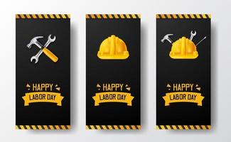 Banner de historias de redes sociales para el día del trabajo con trabajador de casco de seguridad 3d, martillo, llave inglesa, con línea amarilla y fondo negro vector