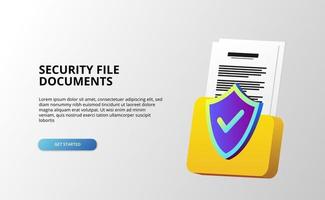 Protección de escudo 3d con documento de carpeta de archivos para seguridad, privacidad, información de datos comerciales, antivirus con fondo blanco. vector