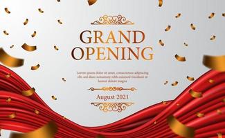 Grand Opening luxury vintage expensive with classic 3d ribbon silk cloth curtain for ceremony elegant with white background and golden confetti poster banner template vector