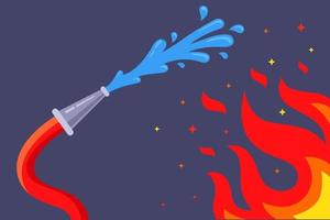 fire hose extinguishes flames with water. putting out fire in the building. flat vector illustration.