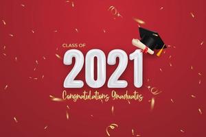 Class of 2021 graduation banner with Balloon number, confetti, diploma and cap graduation. vector