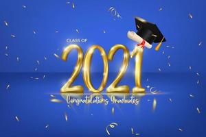 Class of 2021 graduation banner with golden number, confetti, diploma and cap graduation. vector