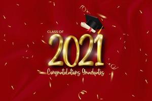 Class of 2021 graduation banner with golden number, confetti, diploma and cap graduation. vector