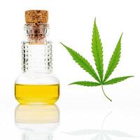 Green hemp leaves with a glass bottle of oil reflected isolated on white background photo
