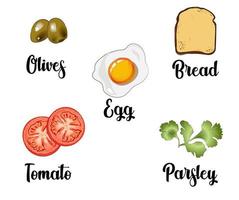 a set of ingredients consisting of scrambled egg, toast, tomatoes, olives and parsley vector