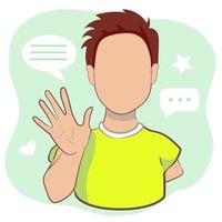Young man waving hand  greeting or saying goodbye on  light green  background . Cartoon male character with welcoming gesture in vector illustration.