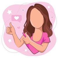 Young girl waving hand  greeting or saying goodbye  on pink  background. Cartoon female character with welcoming gesture in vector illustration.