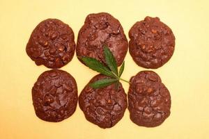 Oatmeal cookies and green leaf of cannabis on a yellow background photo