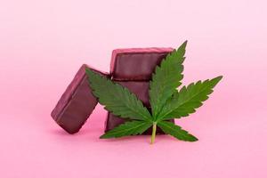 Chocolates candy with marijuana on pink background photo