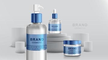 Cosmetic tube and realistic bottle at stage pedestal. Branding and packaging design template. vector illustration