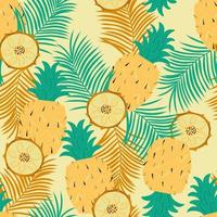 Seamless background with pineapple, its slices and palm leaves. Juicy exotic summer background. Flat vector illustration