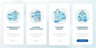 Clinical trials support onboarding mobile app page screen with concepts vector