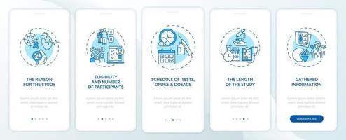 Clinical trial protocol parts onboarding mobile app page screen with concepts vector