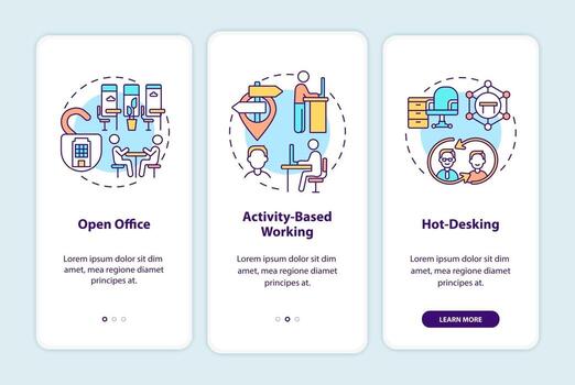 Future office environments onboarding mobile app page screen with concepts vector