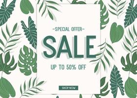Sale banner template with tropical leaves vector