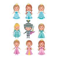 Set of cut little princess doll and knight on white background. vector