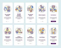 Virtual sessions onboarding mobile app page screen with concepts set vector