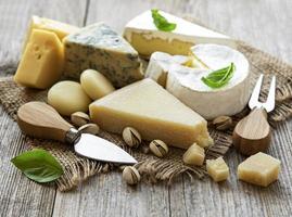 Different types of cheese with basil and nuts photo