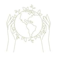 Outline hand and green earth for Earth Day vector