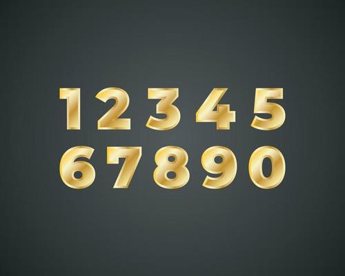 Golden shiny metal numbers set, gold font signs isolated on black background. Luxury fashion typography