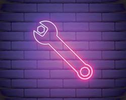 Wrench blue glowing neon ui ux icon. Glowing sign logo vector isolated on brick wall background