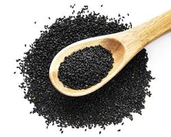 Black sesame seeds in a spoon on a white background photo