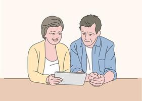 An older couple is looking at a tablet together. hand drawn style vector design illustrations.