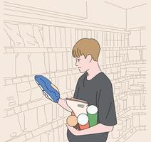 A man is choosing sweets at the supermarket. hand drawn style vector design illustrations.