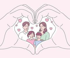 manos en forma de corazón, con familia feliz vector