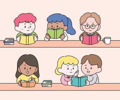 lindos personajes sentados a la mesa y leyendo libros. ilustraciones de diseño de vectores de estilo dibujado a mano.